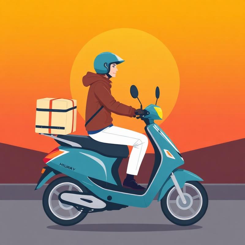 Delivery rider on scooter at sunset